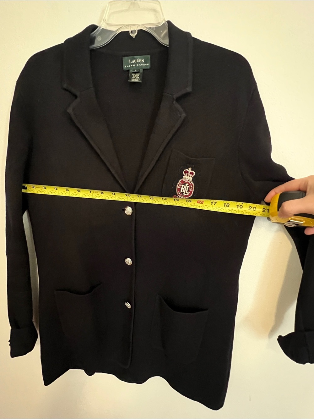 Lauren Ralph Lauren 100% Cotton Classic Crest Blazer Cardigan w Pockets Black - Picture 10 of 11